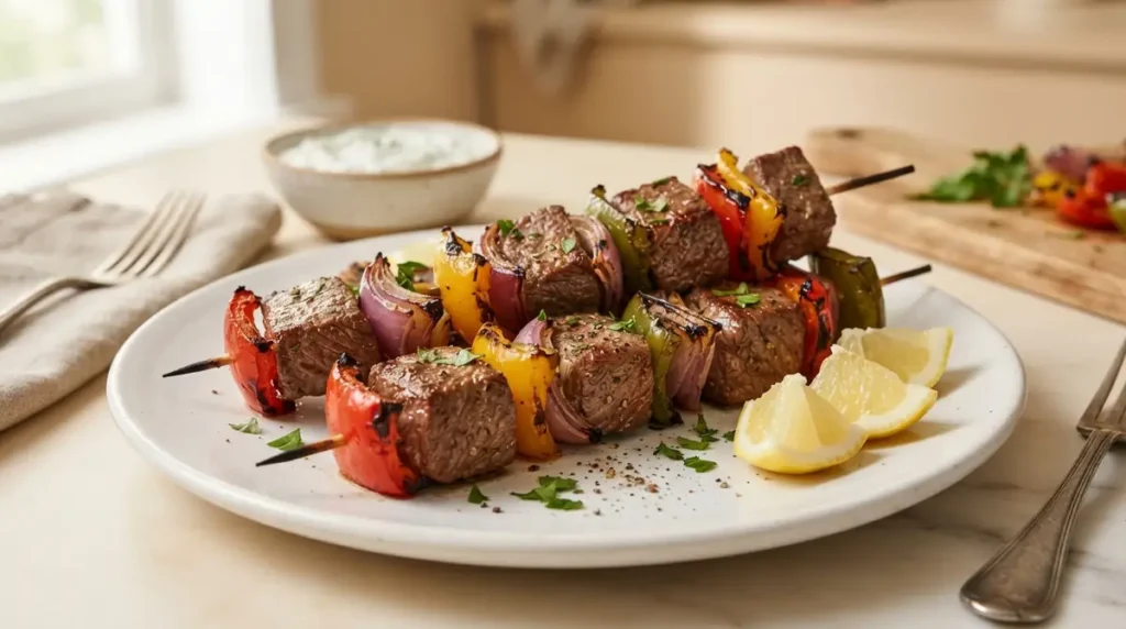 Delicious beef kabobs with colorful vegetables on a white plate
