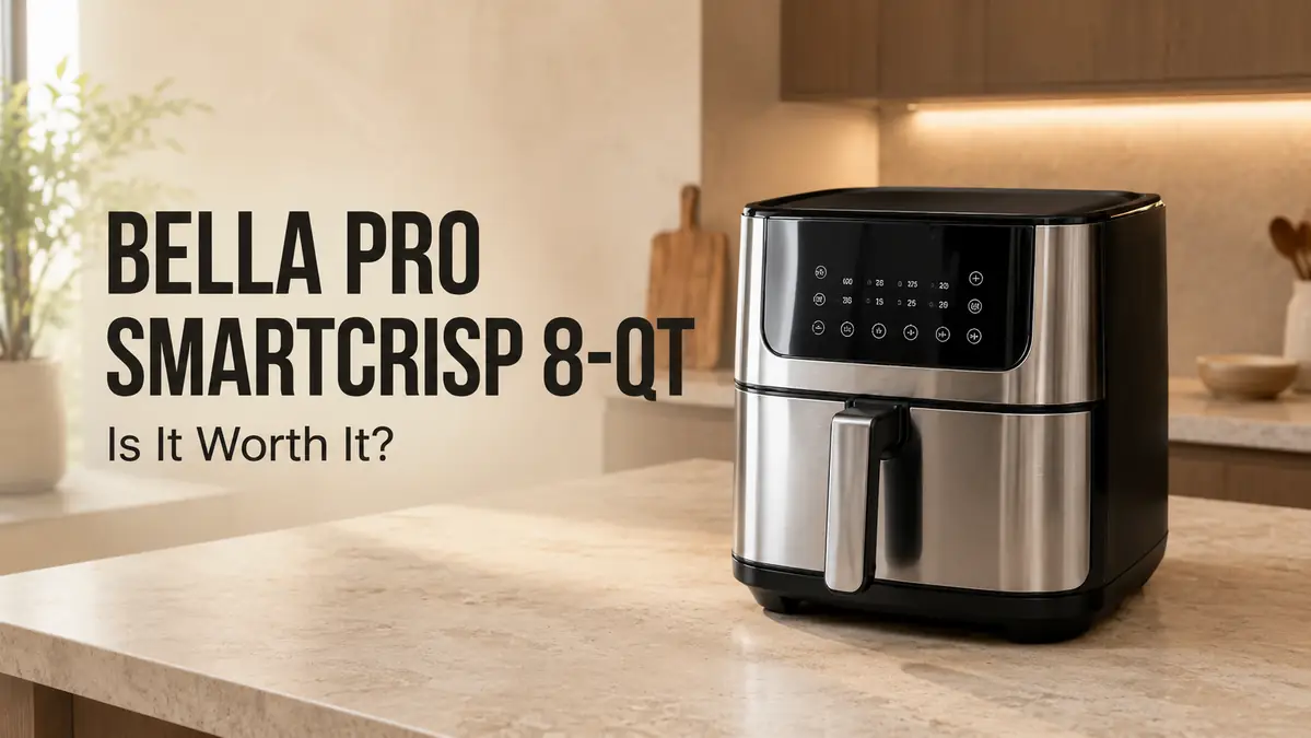 Bella Pro Smartcrisp 8-QT air fryer on a kitchen countertop.