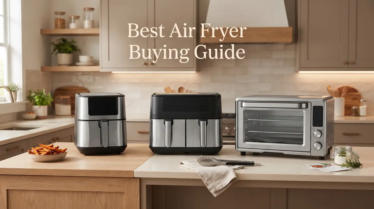Three air fryers displayed on a kitchen countertop.