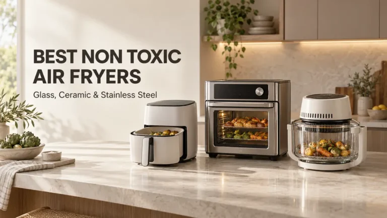 Three types of air fryers on a kitchen countertop