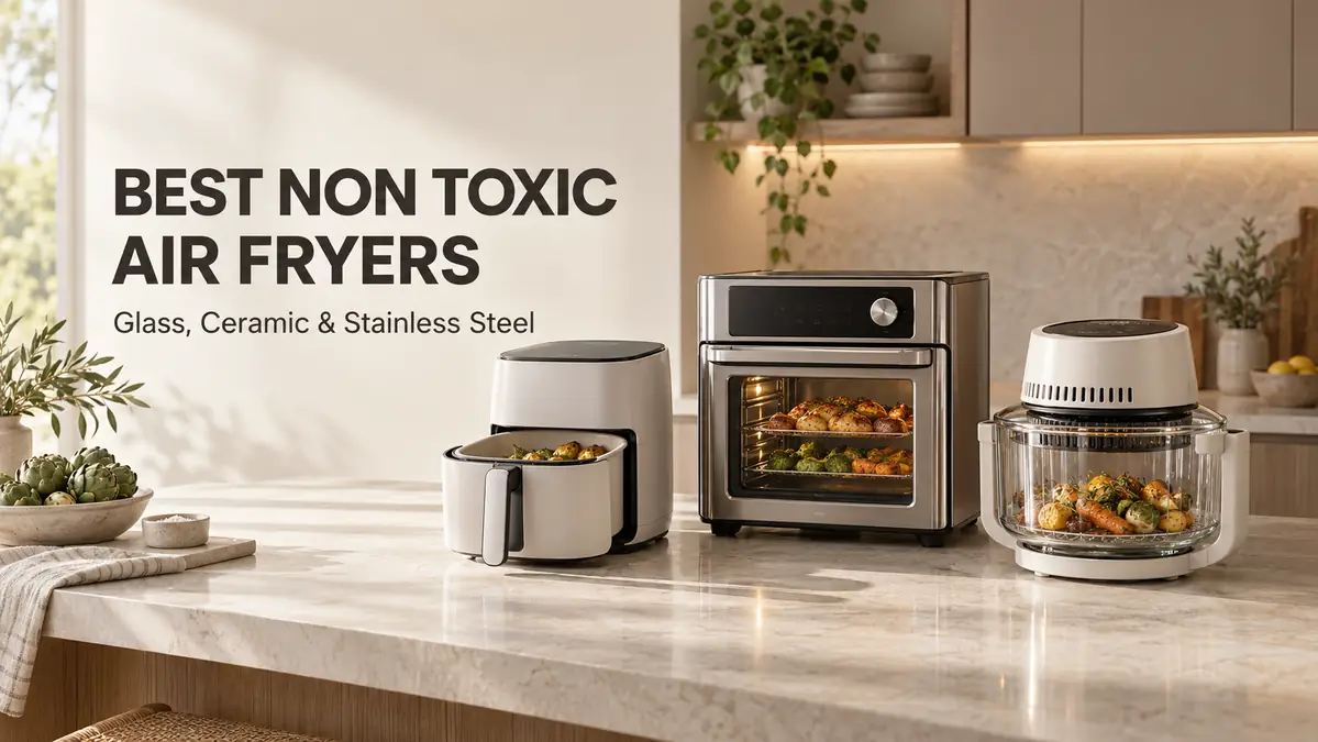 Three types of air fryers on a kitchen countertop