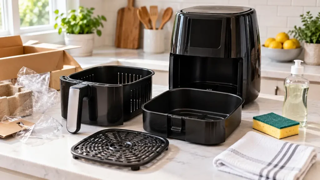 Air Fryer Smells Like Plastic: Is It Safe? How to Get Rid of the Smell 2 Black air fryer with removable baskets on a kitchen counter