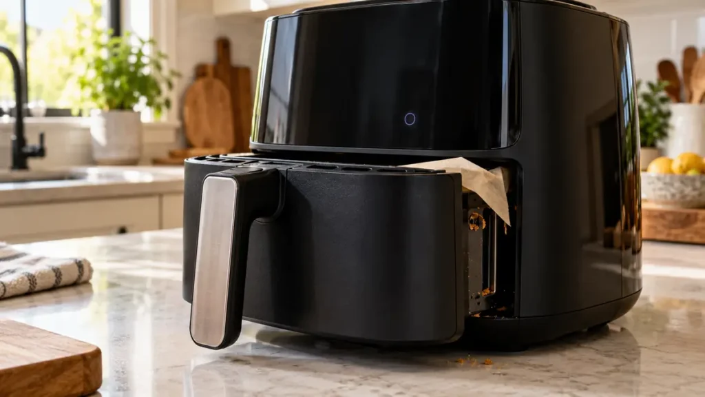 Why Does My Air Fryer Keep Turning Off? Causes + Fixes 2 A sleek black air fryer on a marble kitchen countertop.