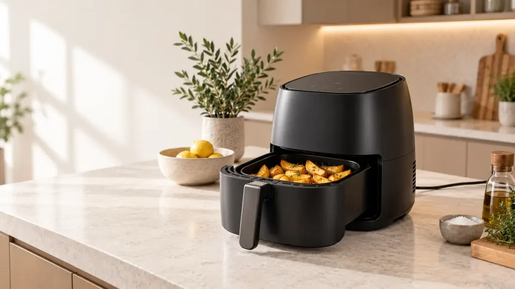 Air fryer with golden-brown roasted potatoes on a kitchen countertop