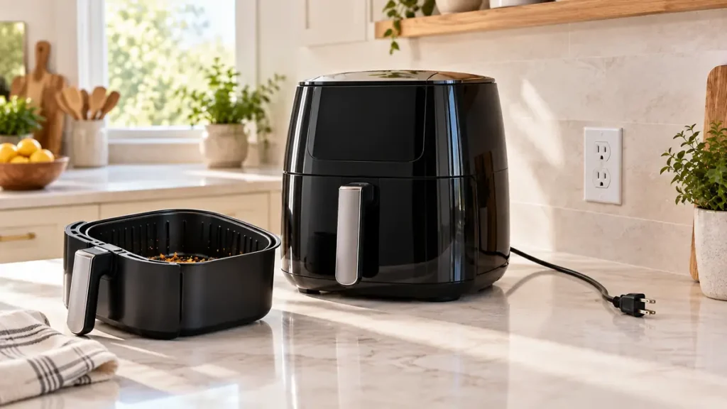 Air Fryer Won’t Turn On: Simple Checks Before You Replace It 4 A sleek black air fryer placed on a kitchen counter next to a basket.
