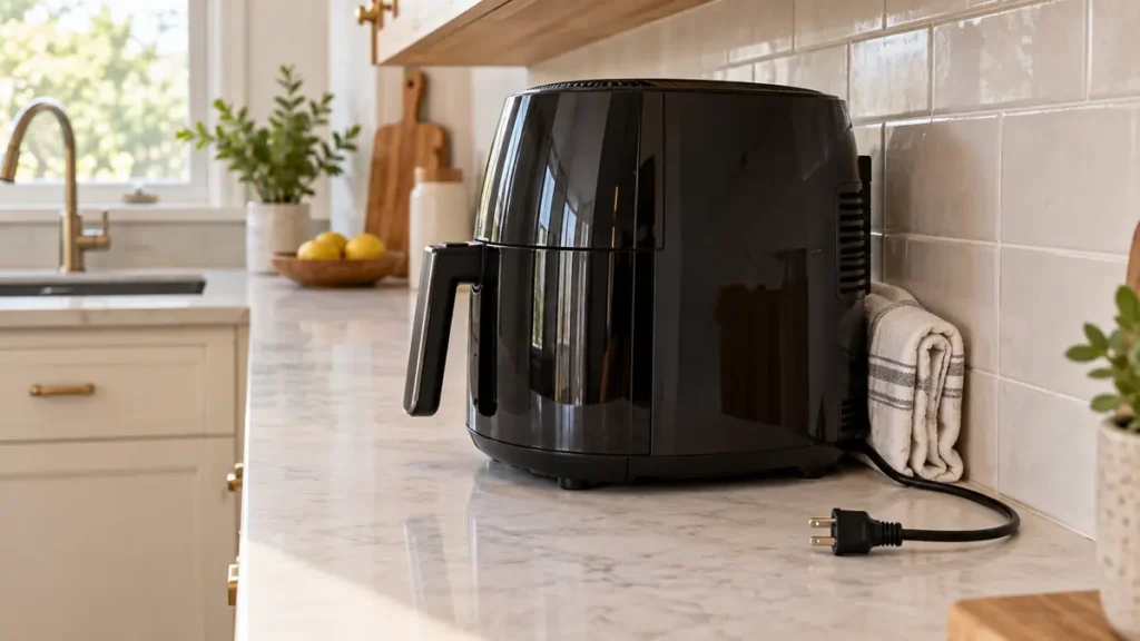 Why Does My Air Fryer Keep Turning Off? Causes + Fixes 3 A black air fryer placed on a marble kitchen countertop.