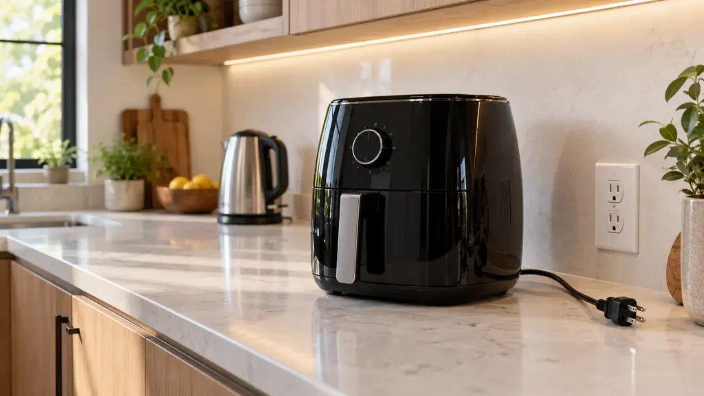 Why Does My Air Fryer Keep Turning Off? Causes + Fixes 4 A black air fryer on a kitchen counter with a kettle and fruit bowl in the background.