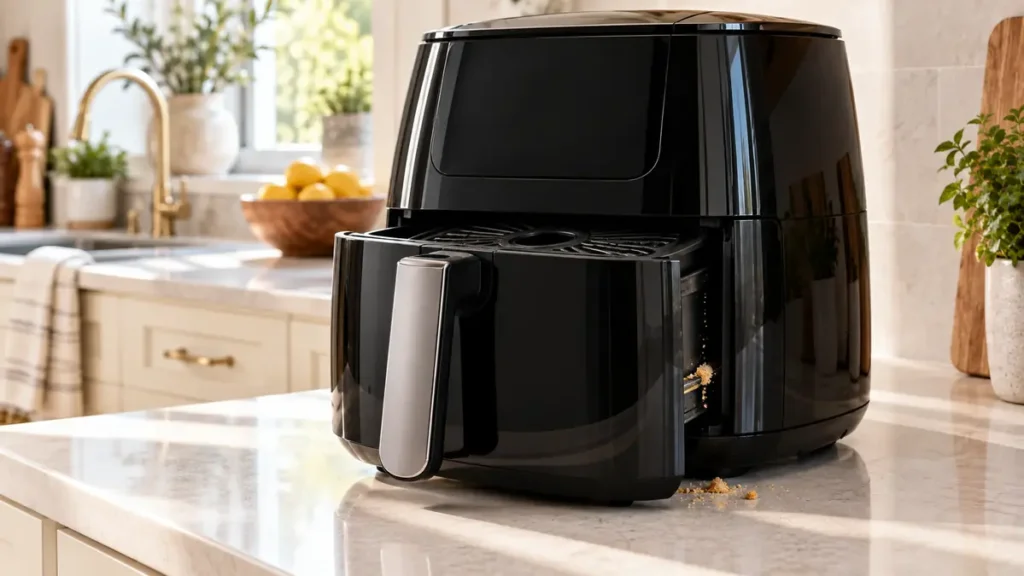 Air Fryer Won’t Turn On: Simple Checks Before You Replace It 3 Black air fryer on a kitchen countertop with lemons in the background