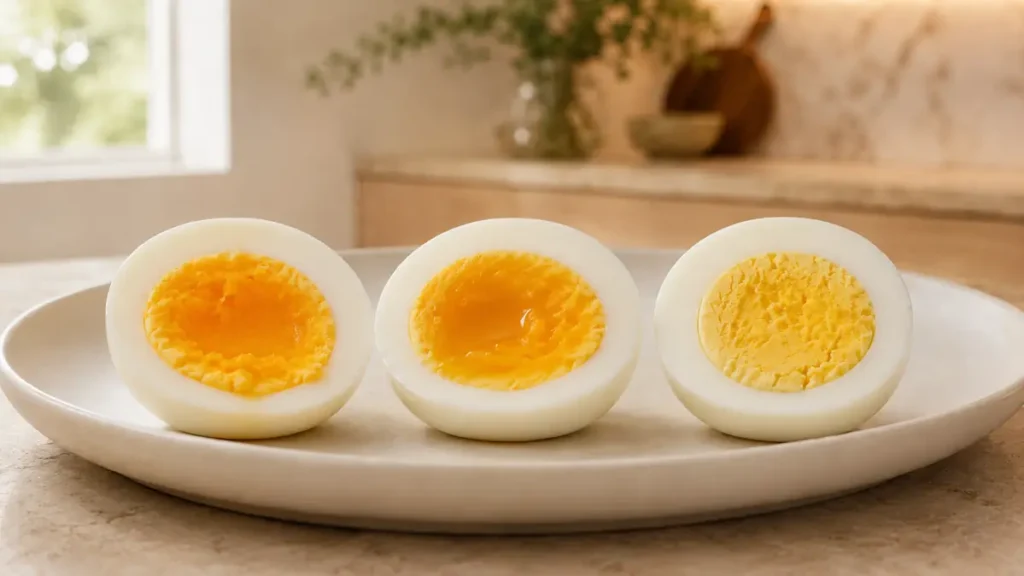 Three halves of boiled eggs on a white plate.