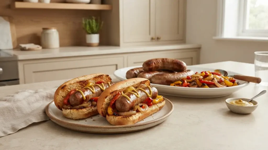 Two bratwurst sausages with peppers in a bun on a plate.