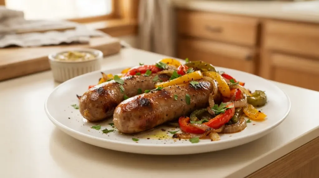 Cooked bratwurst sausages with colorful peppers on a plate.