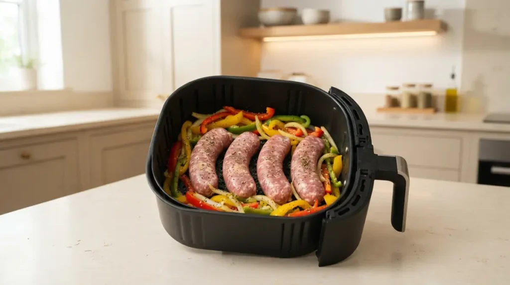 Bratwurst sausages and colorful vegetables in an air fryer basket.