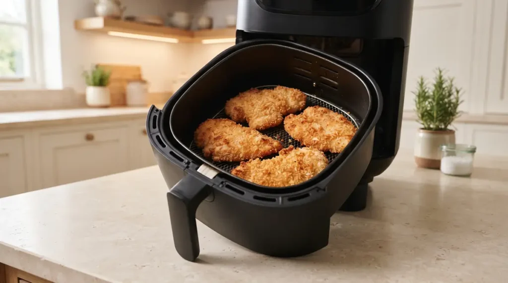 Golden breaded chicken cutlets in an air fryer basket