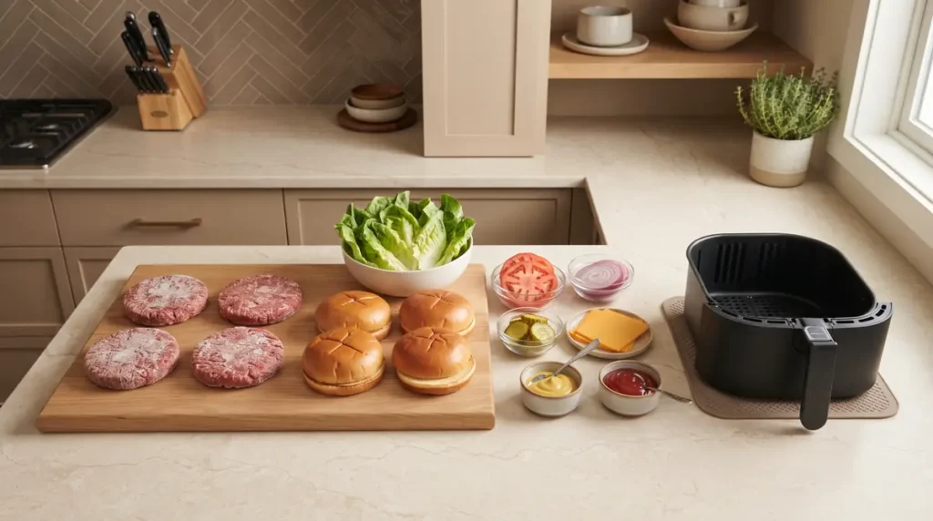 Raw burger patties, buns, and fresh toppings on a kitchen counter