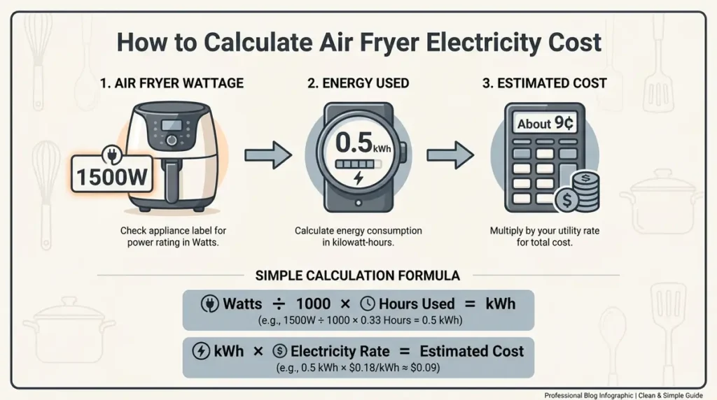 Infographic on calculating air fryer electricity costs.