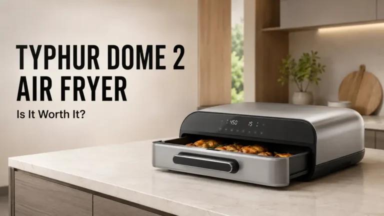 Typhur Dome 2 air fryer on a kitchen countertop with food inside.