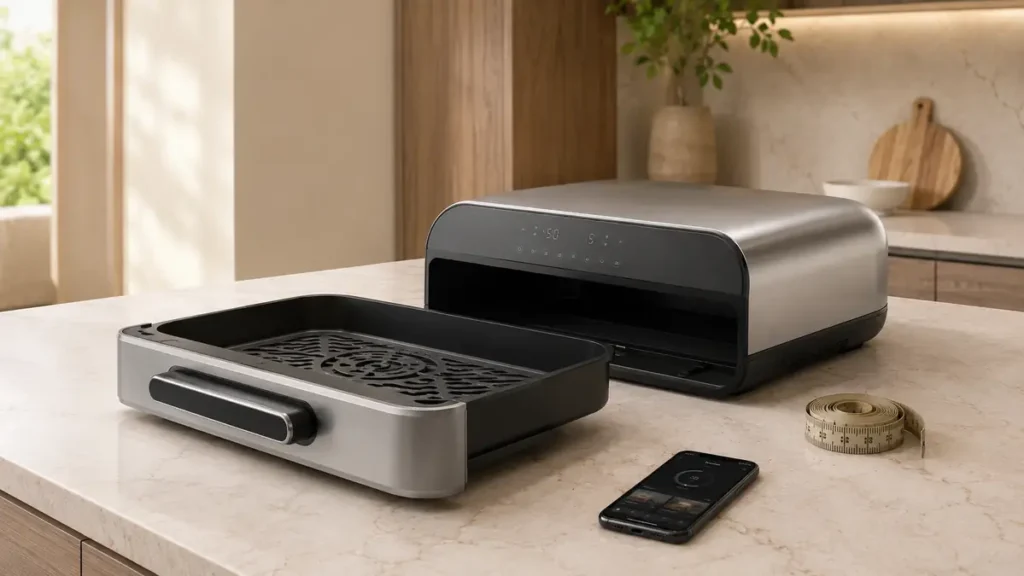 A sleek kitchen appliance with a detachable tray and smartphone beside it.