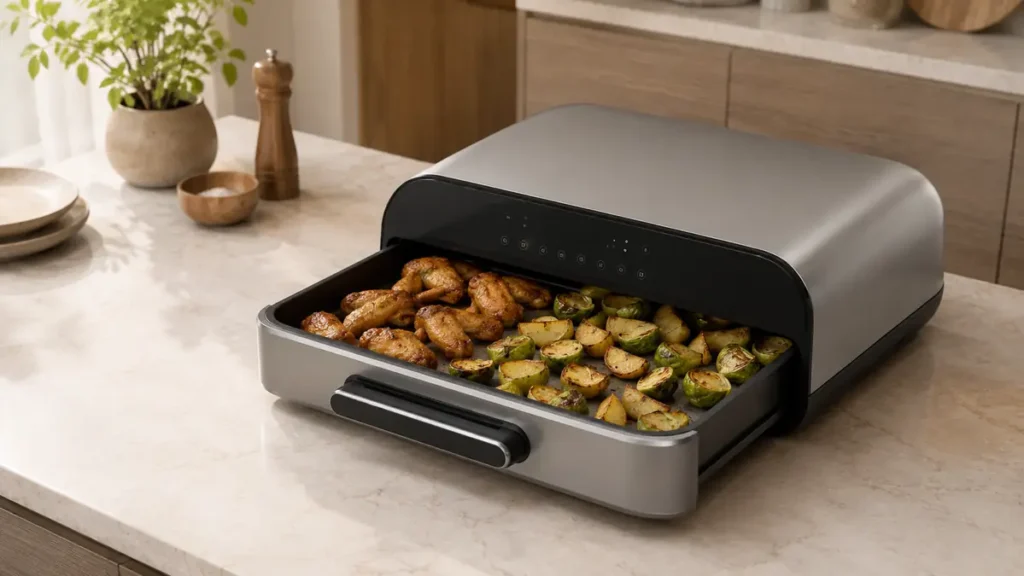 A modern cooking appliance with chicken and vegetables.