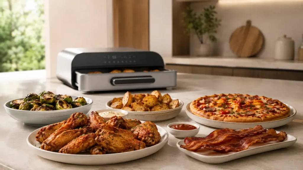 A spread of food including chicken wings, pizza, and sides.