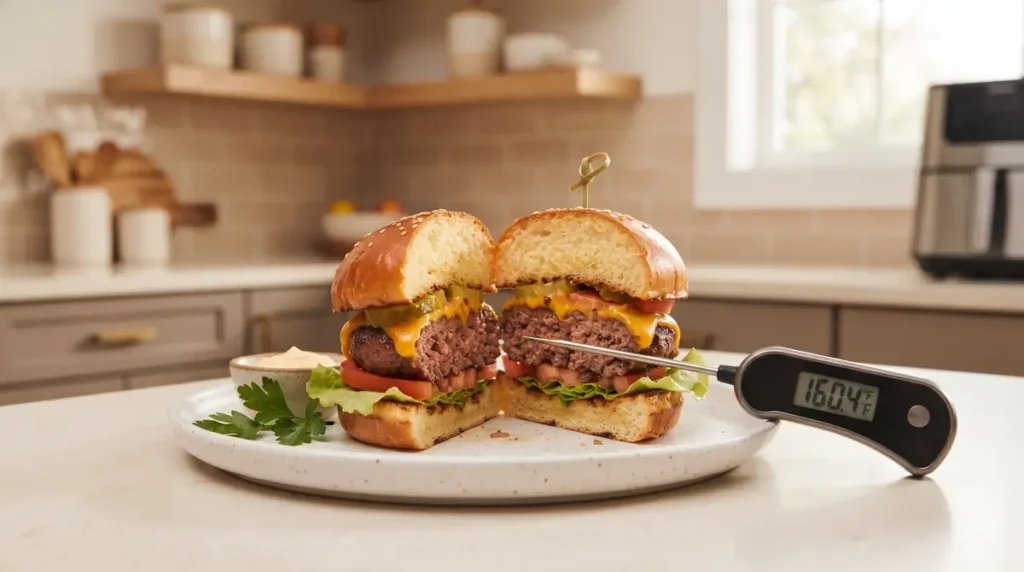 A cheeseburger sliced in half on a plate with a thermometer.
