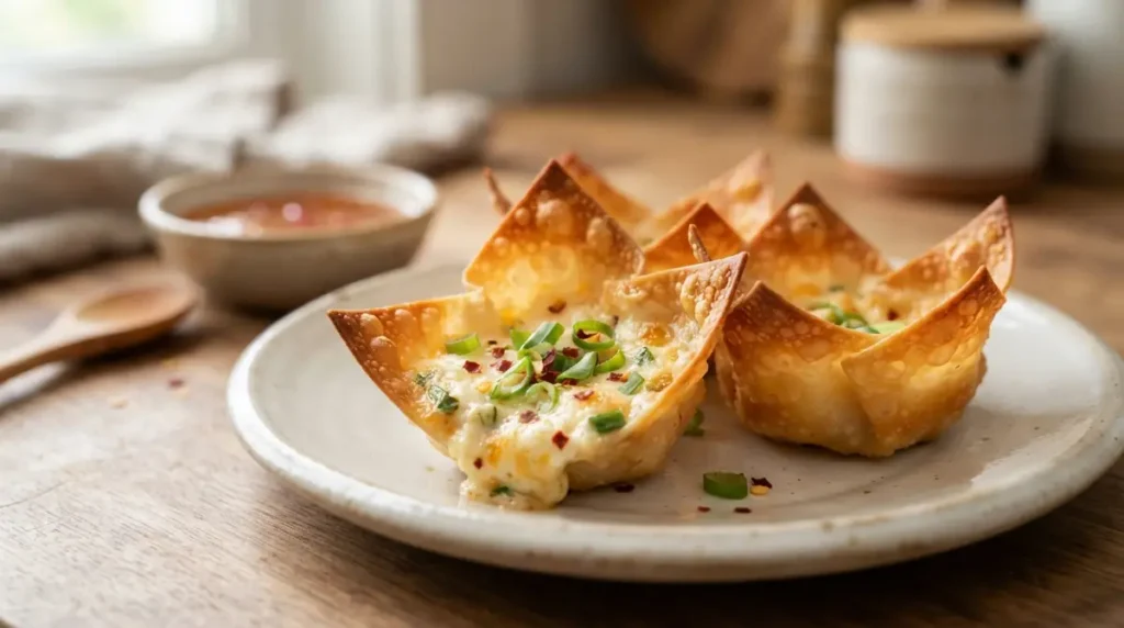 Air Fryer Wonton Cups: Crispy, Cheesy & Easy 5 Baked wonton cups filled with cheese and topped with green onions.