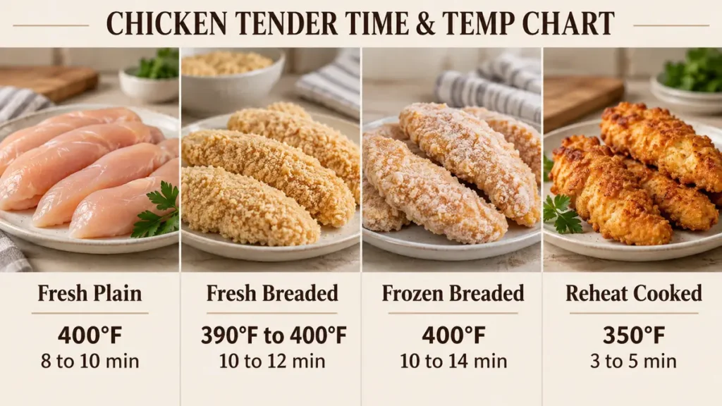 Guide for cooking chicken tenders with time and temperature settings.