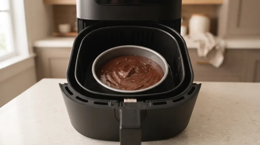 Bowl of chocolate cake batter inside an air fryer basket.