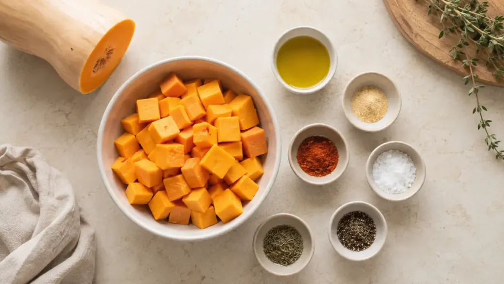 Diced butternut squash in a bowl with various spices and olive oil.