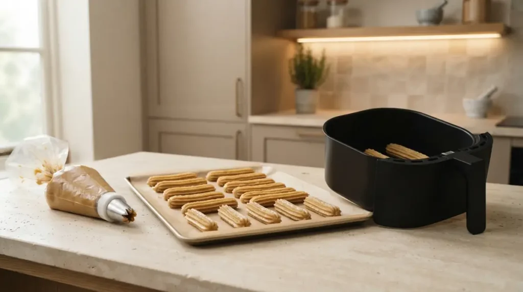 Churros placed beside an air fryer basket on a countertop.