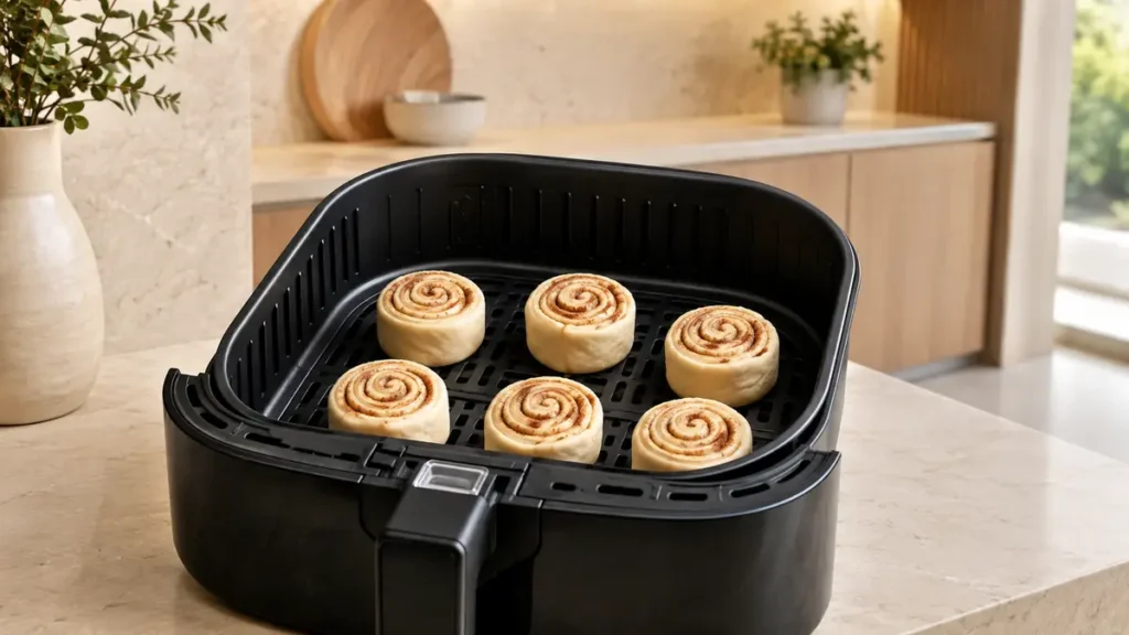 Cinnamon rolls arranged in an air fryer basket