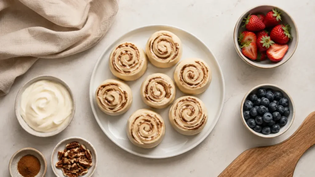 A plate of cinnamon rolls surrounded by fresh strawberries and blueberries.