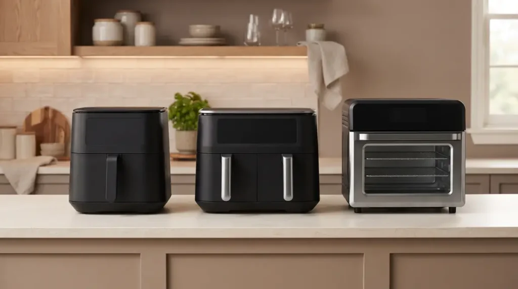 Three different styles of air fryers on a kitchen countertop.