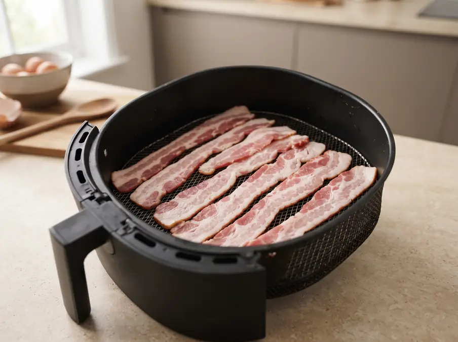 Slices of bacon arranged in an air fryer basket
