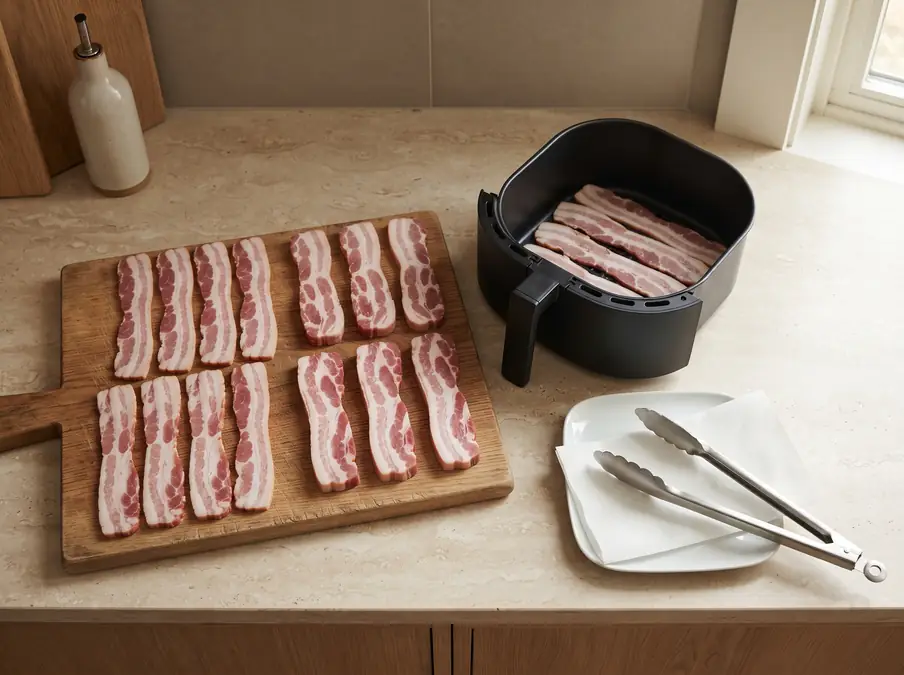 Bacon strips arranged on a wooden board and in an air fryer.
