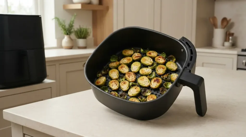 Basket of roasted Brussels sprouts on a kitchen counter.