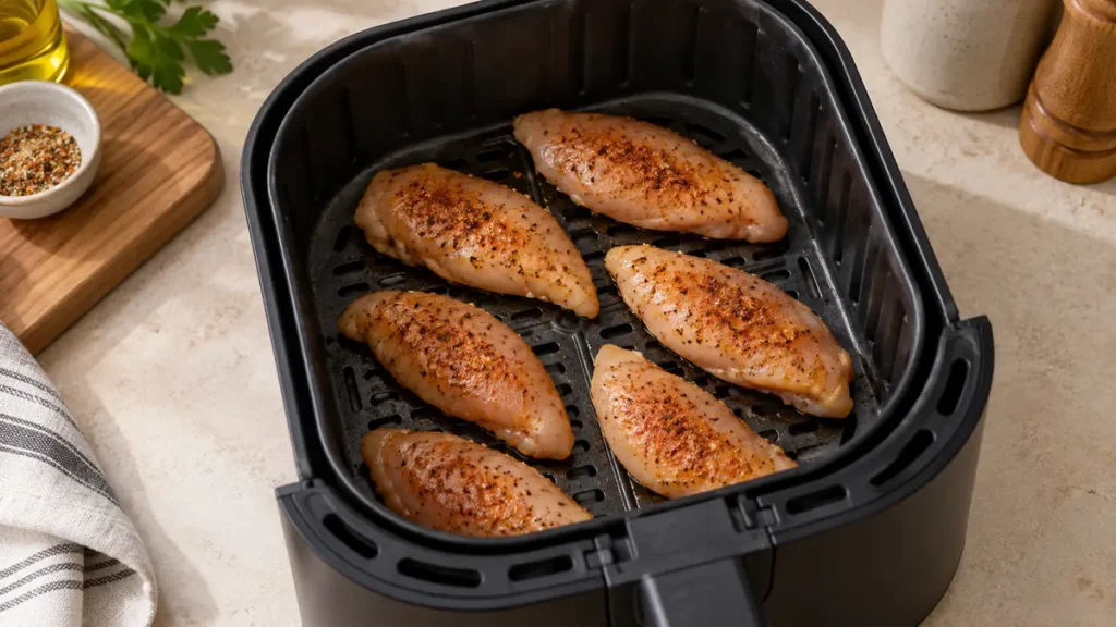 Cooked chicken breasts in an air fryer basket.