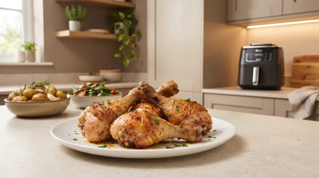 Deliciously cooked chicken legs garnished with herbs