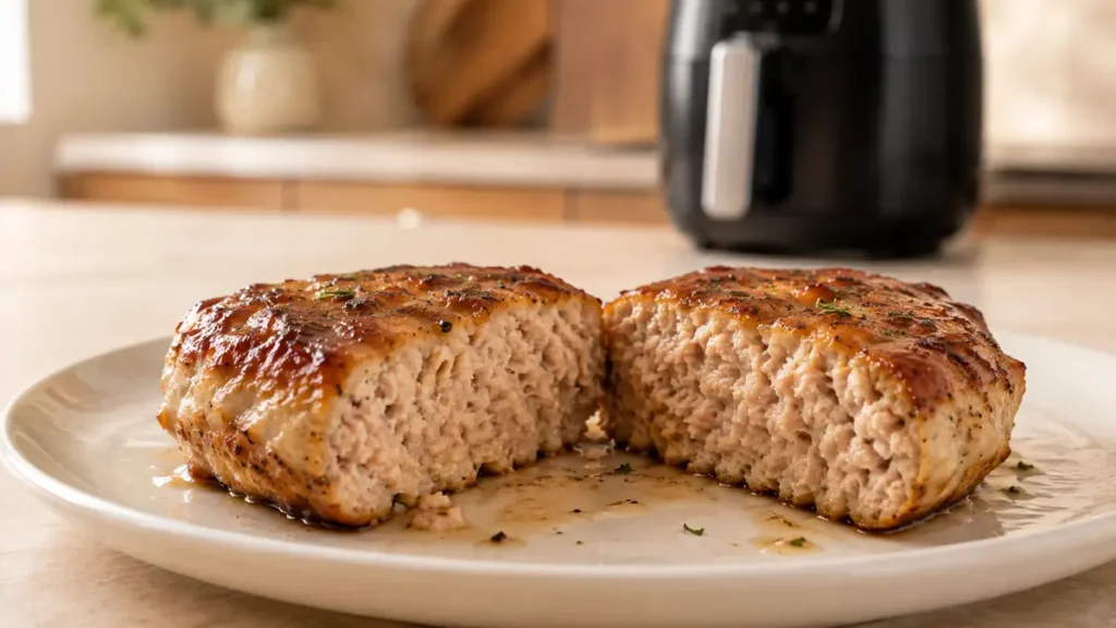 Sliced meatloaf on a white plate showing juicy texture.