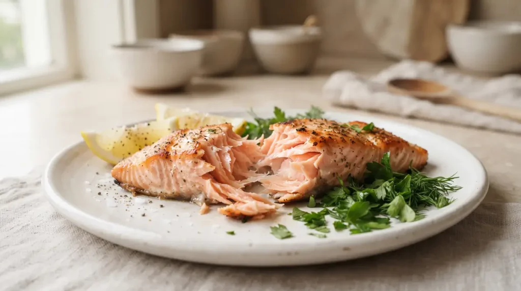 Salmon fillet garnished with herbs and lemon slices.