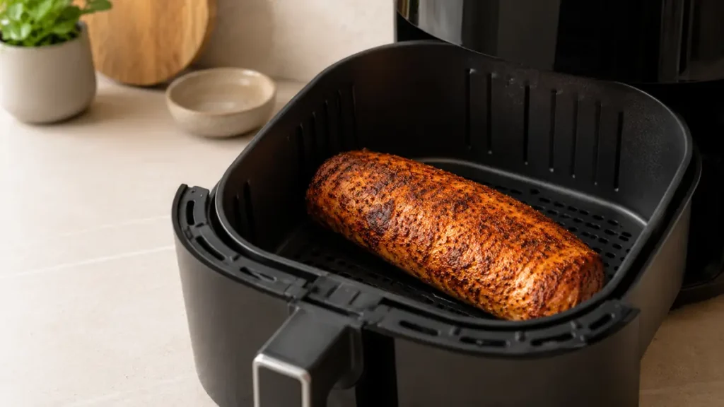 A perfectly cooked sausage resting in an air fryer basket.