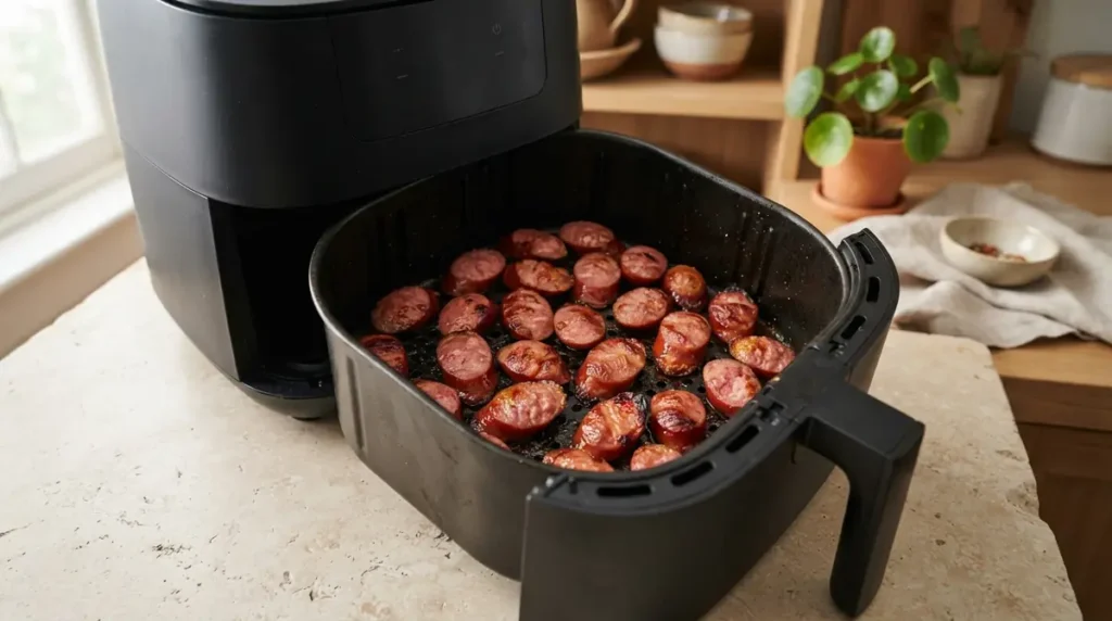 Sliced sausages cooking in an air fryer basket.