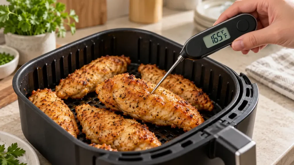 Hand checking the temperature of chicken breasts in an air fryer.