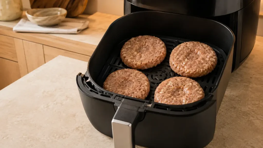 Four raw patties placed in an air fryer basket.