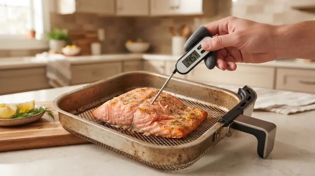 Hand using a thermometer to measure the temperature of salmon