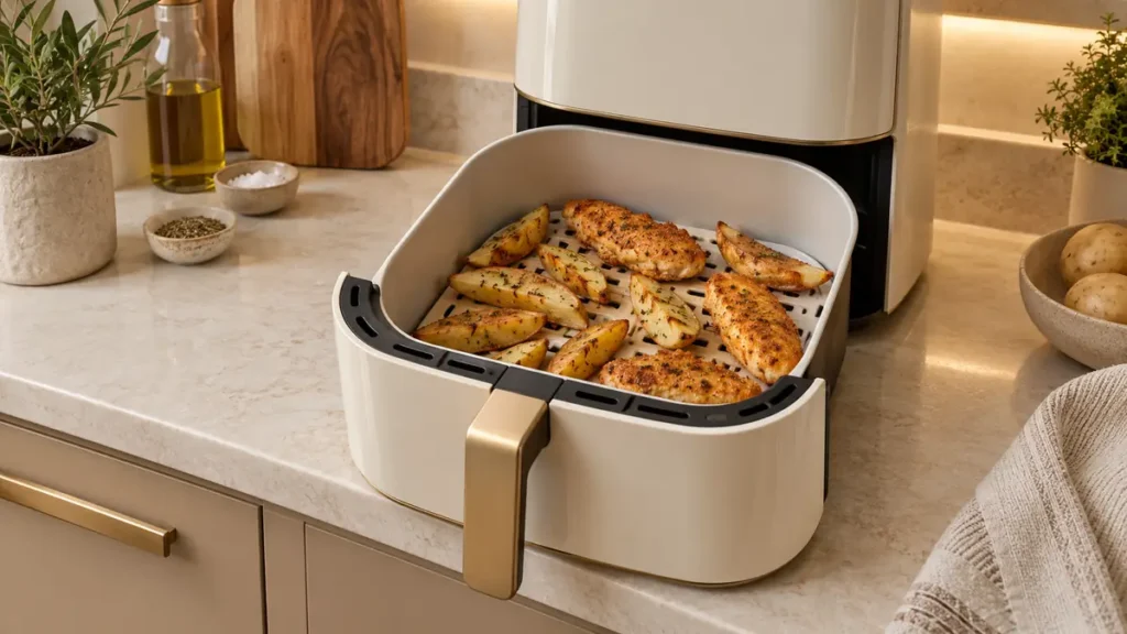 Air fryer with golden-brown chicken and potatoes in a kitchen setting.