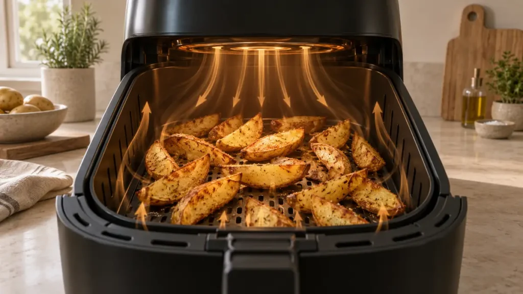 Air fryer with golden potato wedges inside.