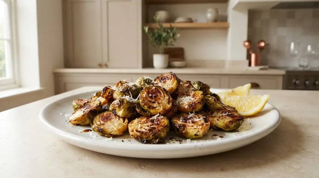 Plate of crispy air fryer Brussels sprouts with lemon slices