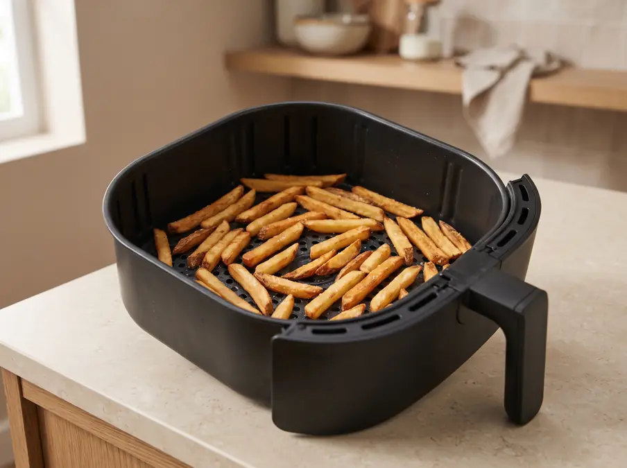 Golden brown french fries in an air fryer basket