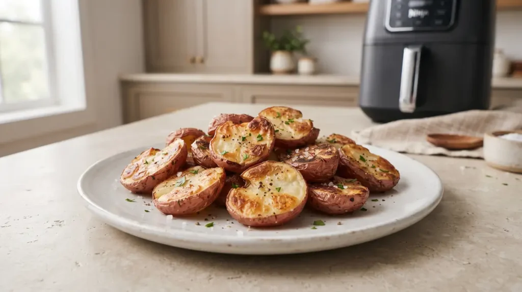 A plate of crispy red potatoes garnished with herbs.