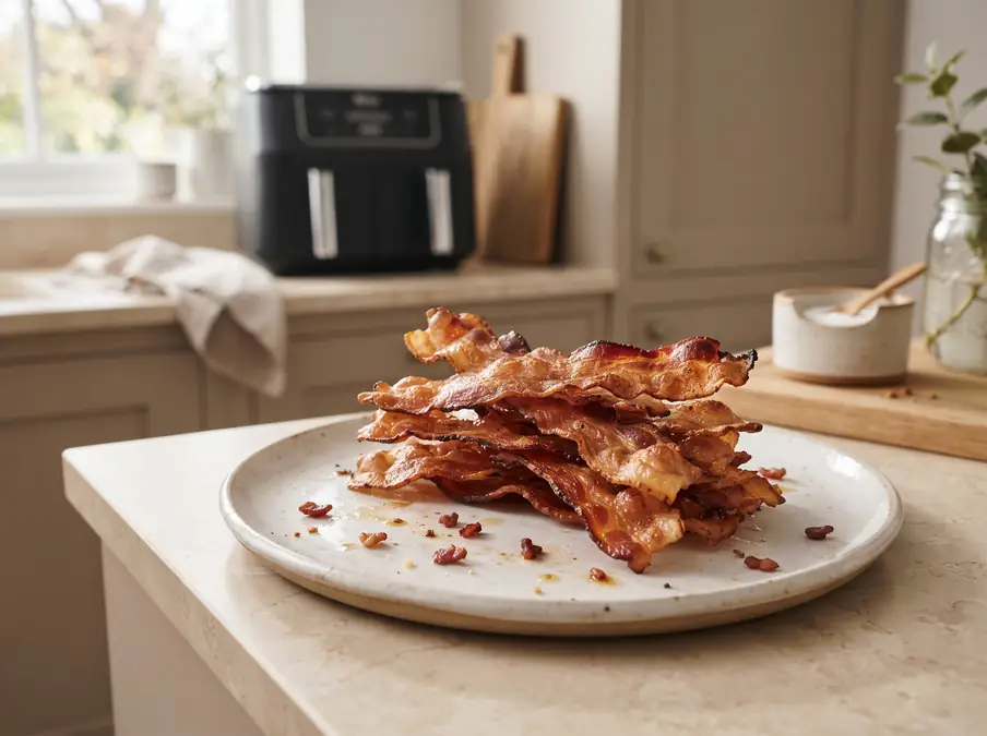 Stack of crispy bacon on a white plate in a kitchen setting.